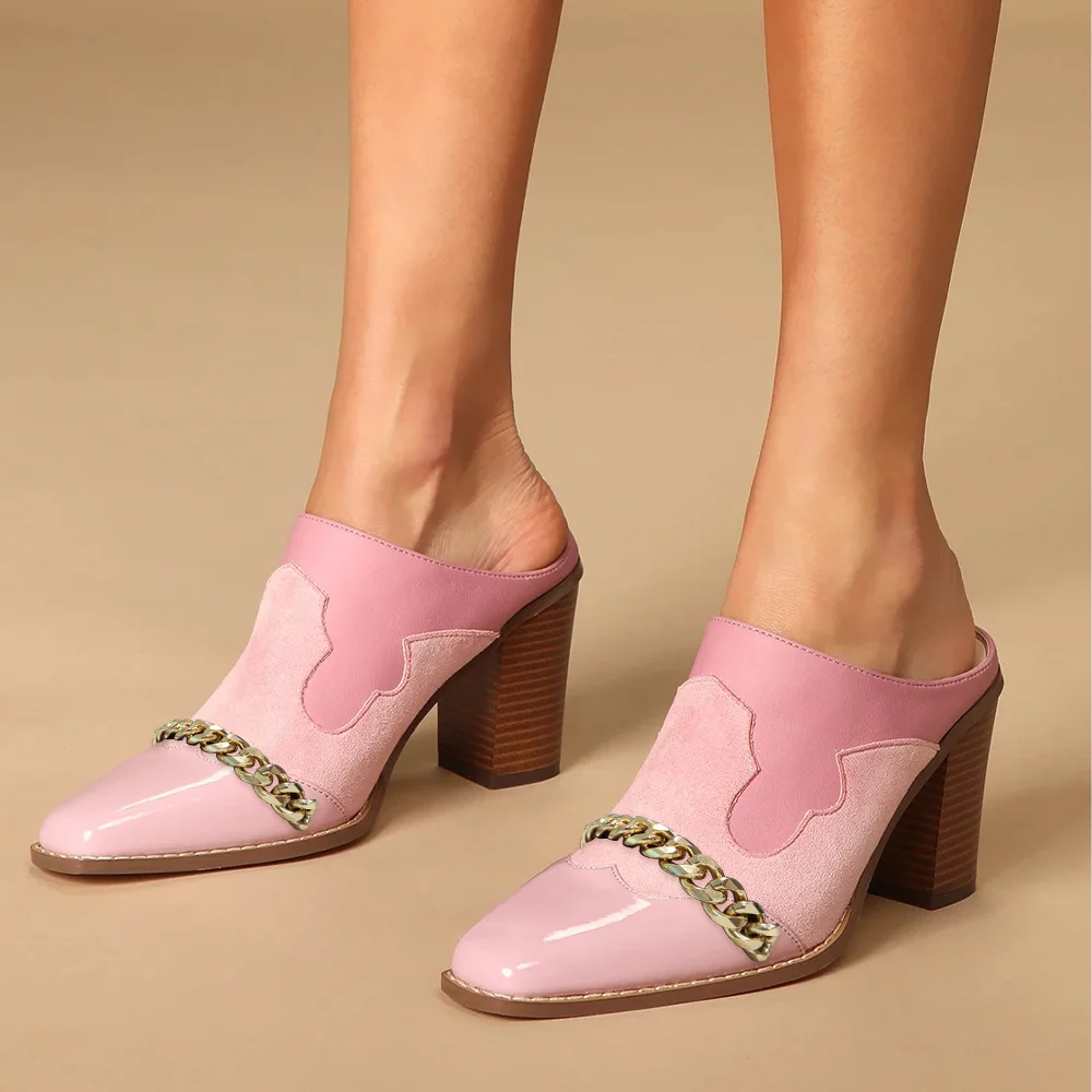 Light Pink Leather Square Toe Chunky Heel Mules with Golden Chain Nicepairs