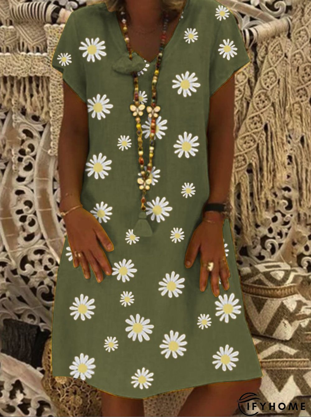 Casual vintage V-neck short sleeve daisy Dress | IFYHOME