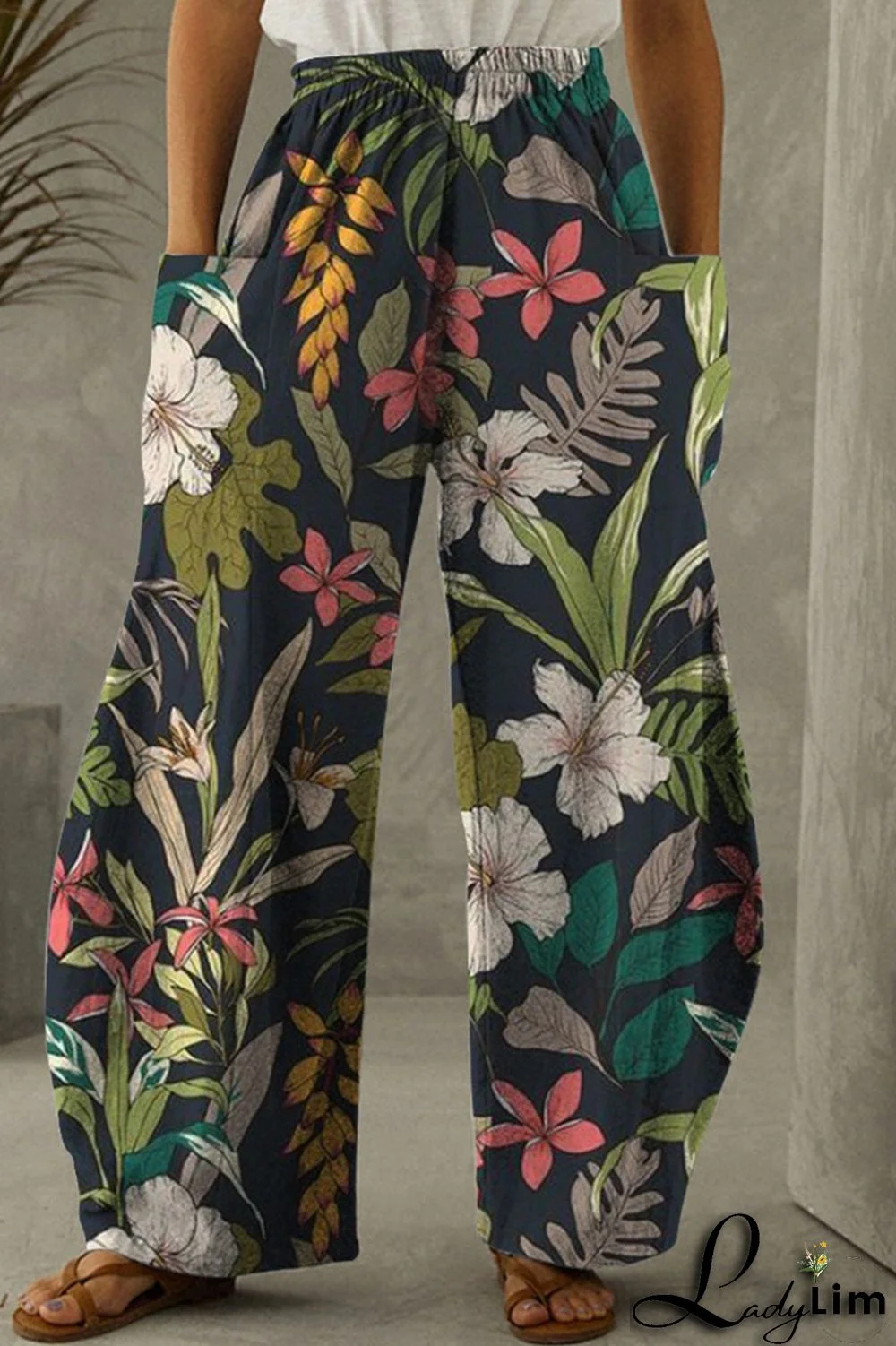 Dark Gray Fashion Casual Print Patchwork Pocket Regular High Waist Trousers