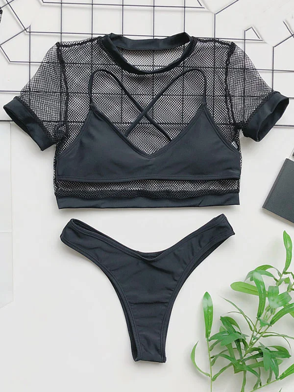Gauze Cover-Ups Tops+Backless Split Bikini Swimsuit