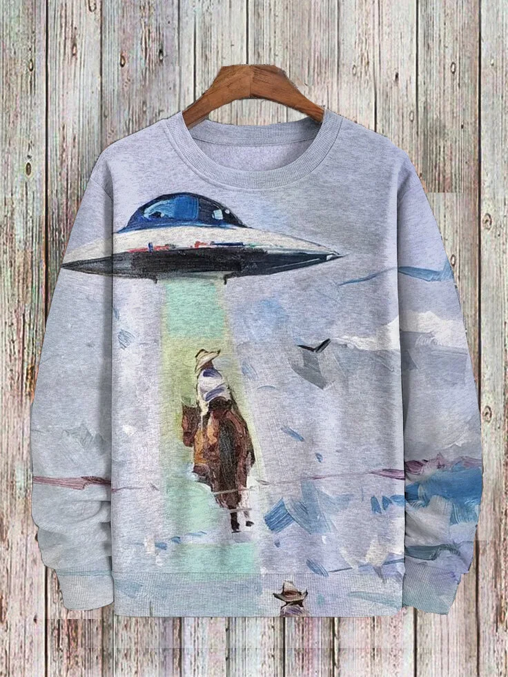 Men's UFO Takes People And Horses Away Art Print Casual Sweatshirt