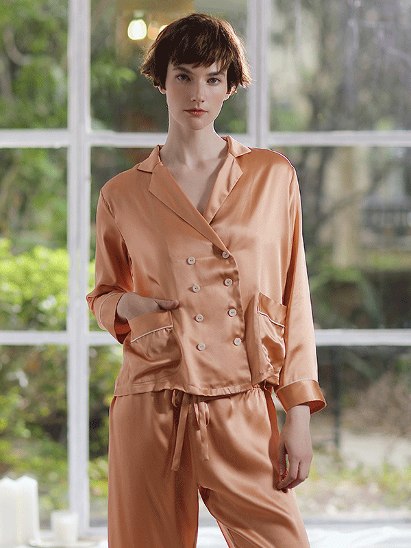 Double Row Button Front Full Length Silk Pajamas Set For Women Orange
