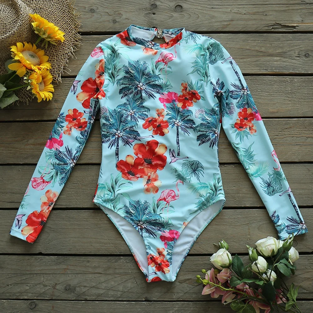One Piece Swimsuit 2021 Long Sleeve Swimwear Women Swimsuit Backless Printed Bathing Suit Beachwear Monokini