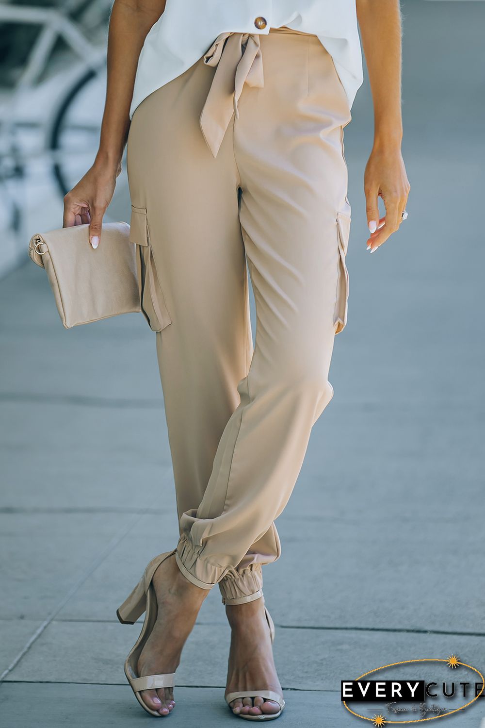 Khaki Side Pockets Slim Fit Knotted High Waist Pants