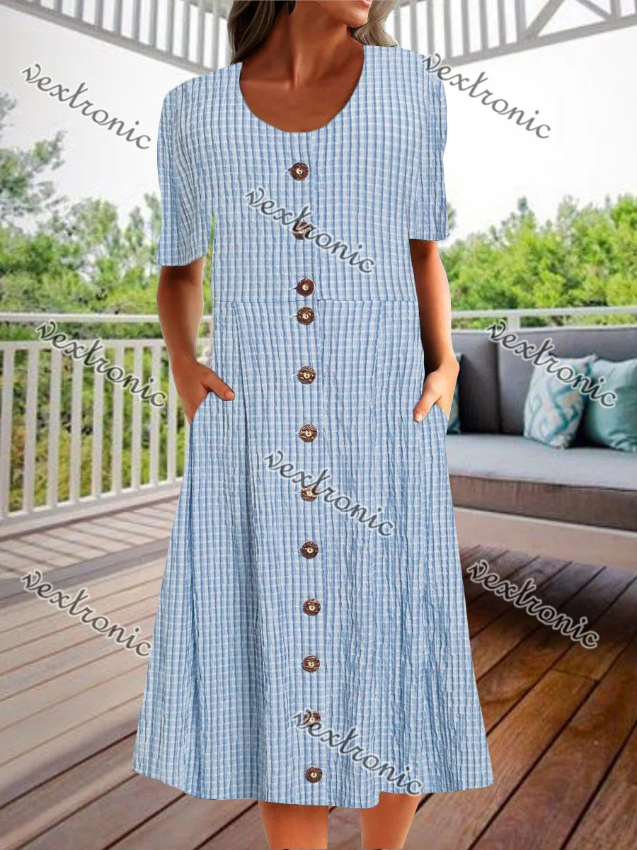 Women's Short Sleeve Scoop Neck Blue Plaid Printed Midi Dress