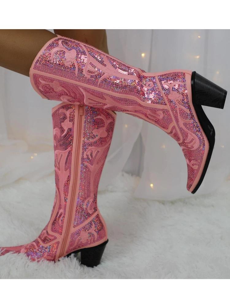 Pink Sequin Embroidered Pointed Toe Slanted Heel Cowgirl Mid Calf Boots