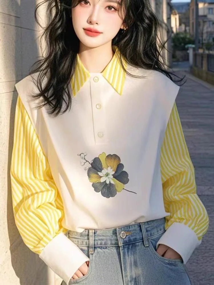 Athvotar Athvotar Design Yellow Stripe Splicing Print POLO Collar Shirt Female Senior Sense Light Luxury To Reduce The Age Of The Gas Blouse