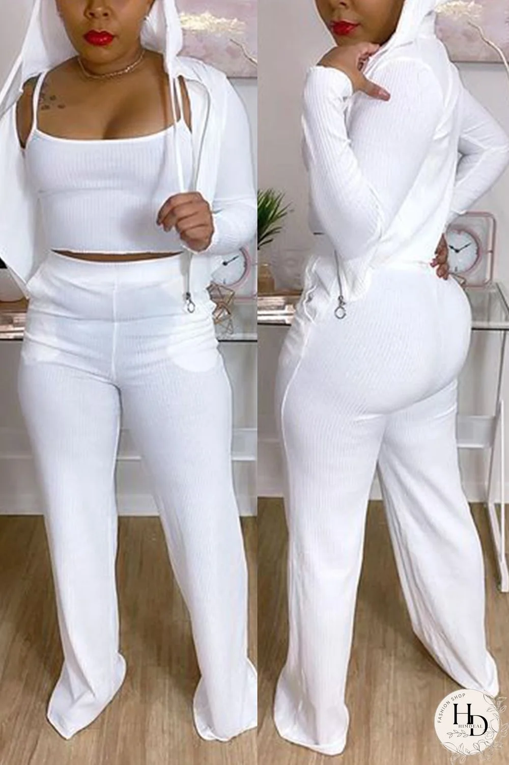 White Fashion Casual Solid Basic Hooded Collar Long Sleeve Three-piece Set