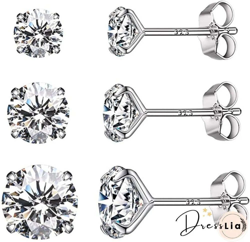 Pairs Stud earrings 925 sterling silver plated round cubic zirconia hypoallergenic set