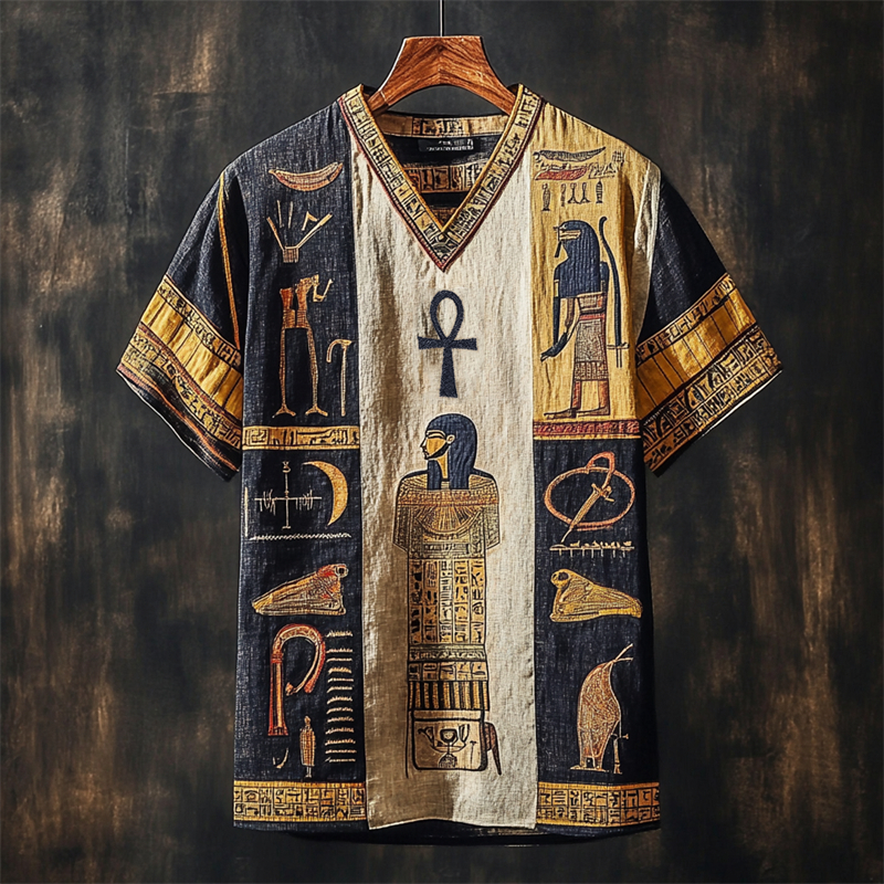 Ankh Ancient Egyptian Embroidered Colorblock Linen Shirt
