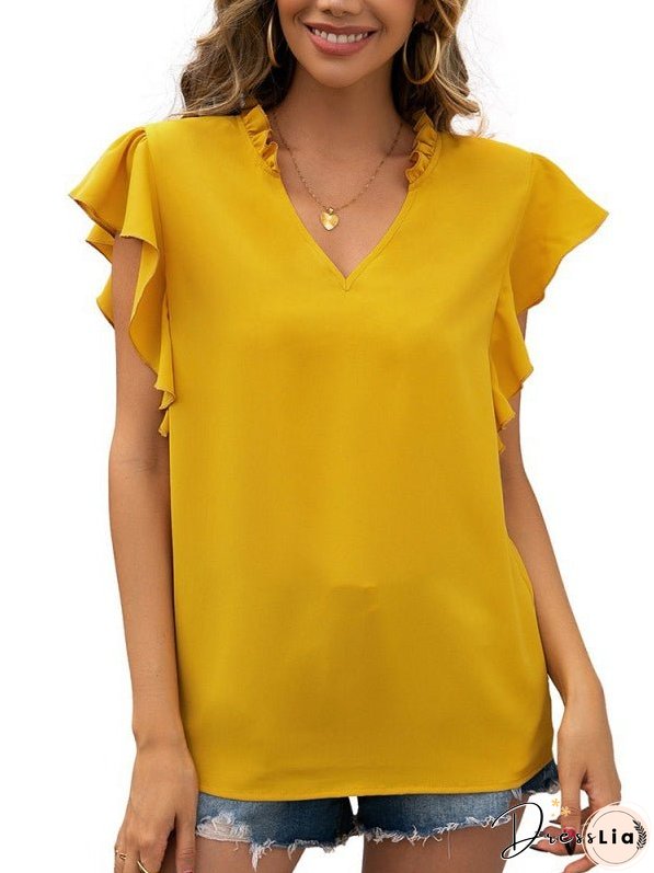 Ruffle Sleeve Casual V-Neck Shirt Top