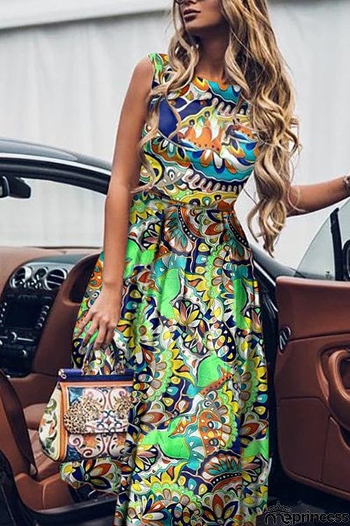 Bohemia Chic Printed O Neck Sleeveless Dress