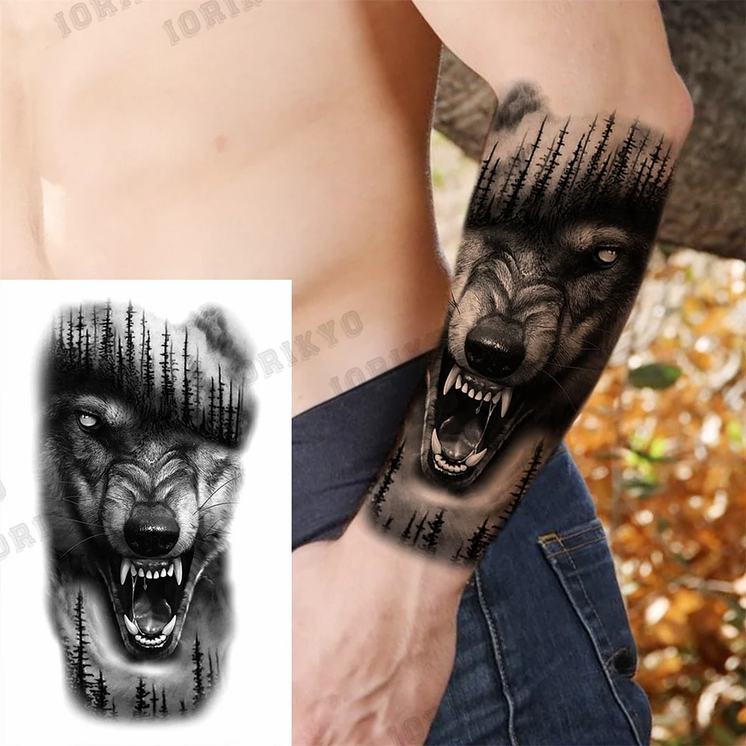 Black Lion Wolf Temporary Tattoos For Men Adult Forest Rose Compass Warrior Fake Tattoo Washable Body Art Painting Tatoo Sticker