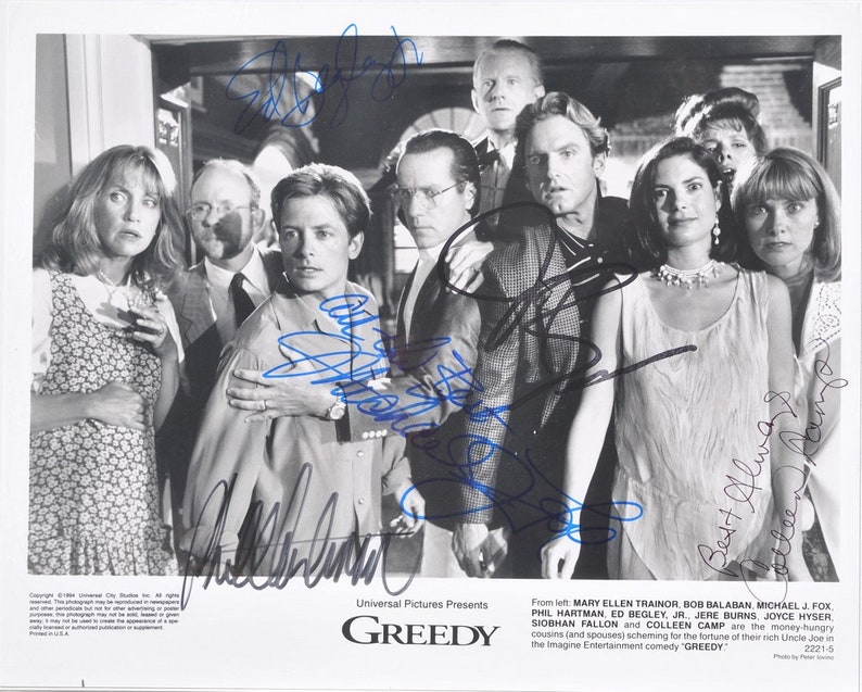 GREEDY CAST SIGNED Photo Poster painting x5 Phil Hartman, Michael J. Fox, Jere Burns, Colleen Camp, Ed Begley Jr. wcoa