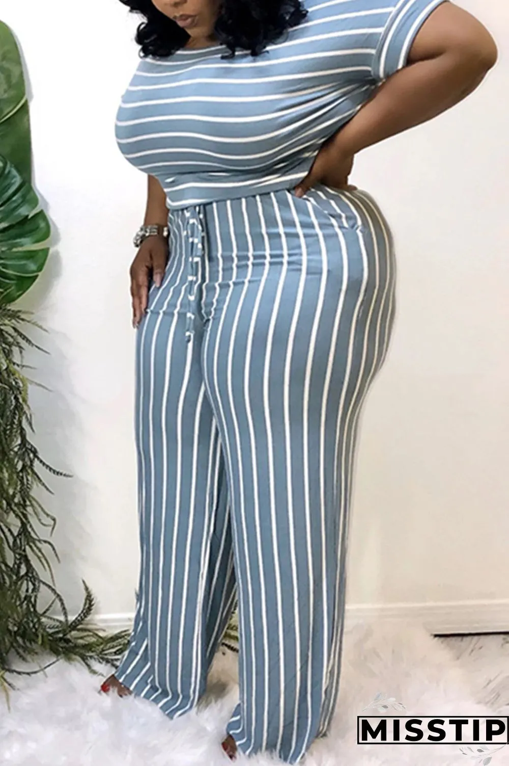 Light Blue Sexy O Neck Striped Print Stripe Plus Size