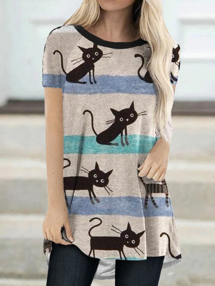 Artwishers Lovely Cat Print Stripe T Shirt socialshop