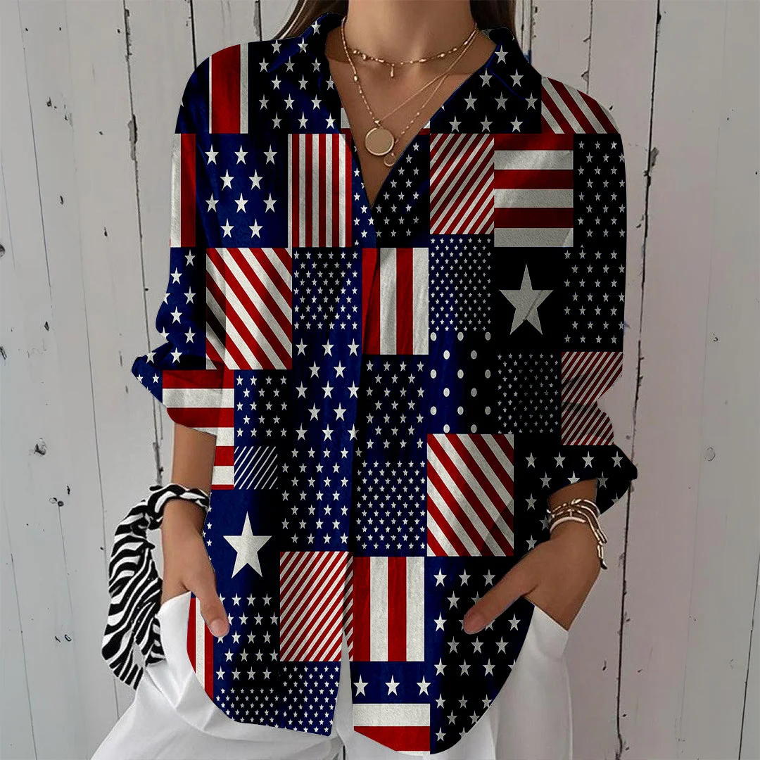 Style & Comfort for Mature Women Women  Independence Day, Star, Striped, Blue, Red DZCL0228 3/4 Sleeve Shirt Collar Printed Button Tops