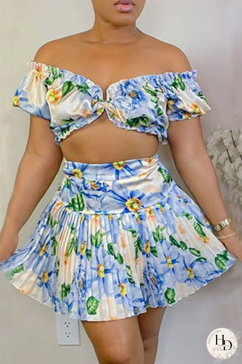 Tangerine Red Sexy Print Patchwork Off the Shoulder Short Sleeve Two Pieces