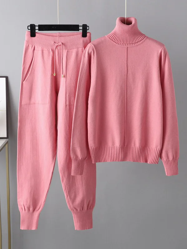 Casual Solid Long Sleeves High-Neck Sweater Tops & Drawstring Wide Leg Pants Suits 