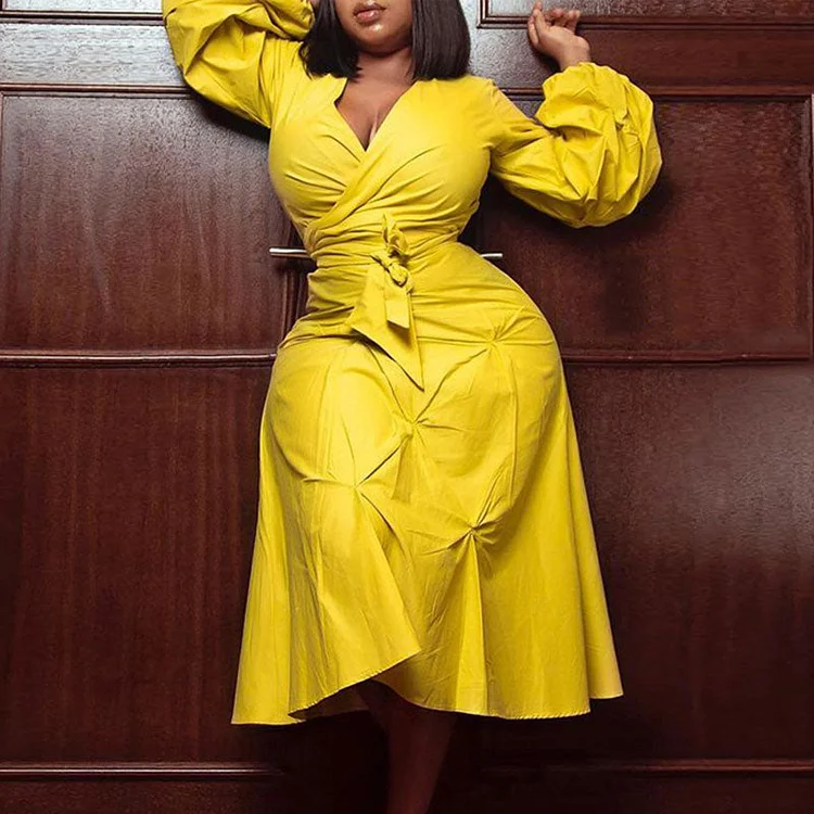 Solid V-Neck Lantern Sleeve Belted Midi Dress - IRBOOM Fashion Clothing