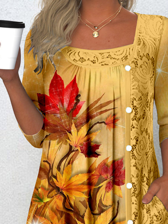 Women's Long Sleeve Scoop Neck Graphic Lace Buttons Top