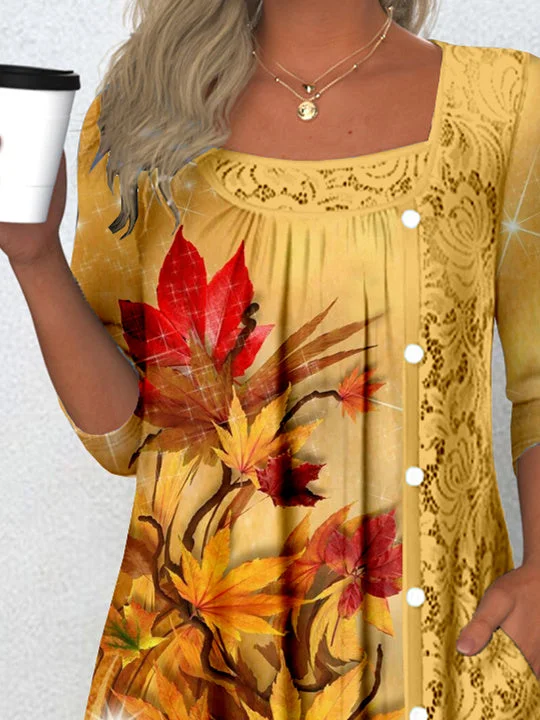 Women's Long Sleeve Scoop Neck Graphic Lace Buttons Top