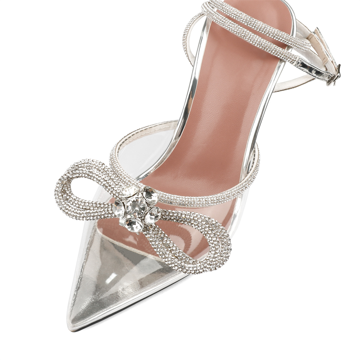 9.5cm/3.74 Double Bow Crystal High Pumps Pointed Toe Strappy Transparent Sandals Wedding Shoes