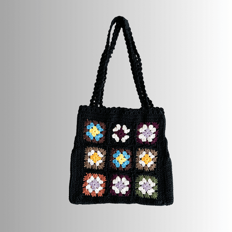 Lulusnow Handmade Multicolor Classic Granny Square Casual Travel Beach Crochet Shoulder Bag 