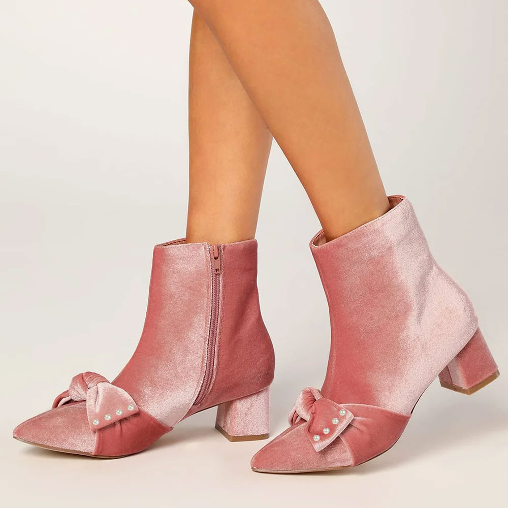Cute Pink Velvet Chunky Heel Bowknot Ankle Boots with Pearl Nicepairs