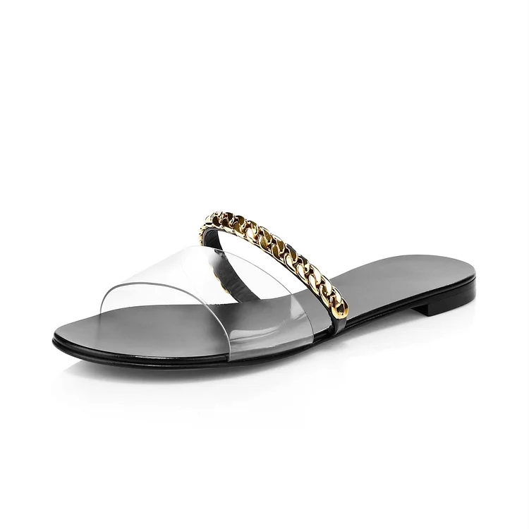 Black transparent PVC Women's Slide Sandals With Gold Chains |FSJ Shoes