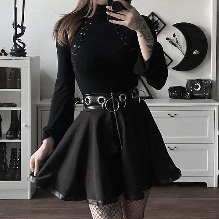 GOTH RING ZIPPED HIGH WAIST BLACK MINI SKIRT