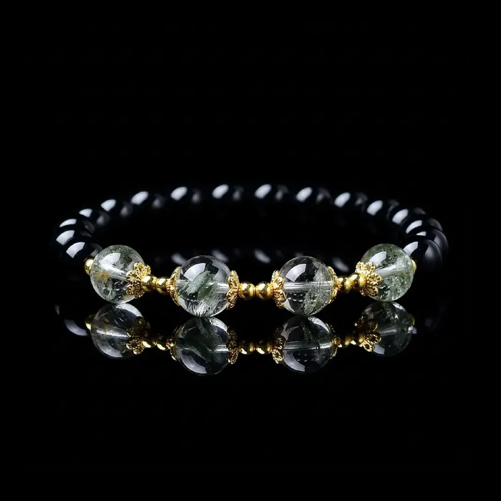 JiStones | The Verdant Aura - Natural Black Obsidian & Green Phantom Crystal Bracelet