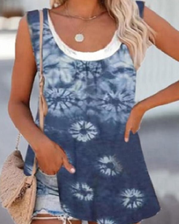 Fake Two Piece Printed Crew Neck Sleeveless Tank Top