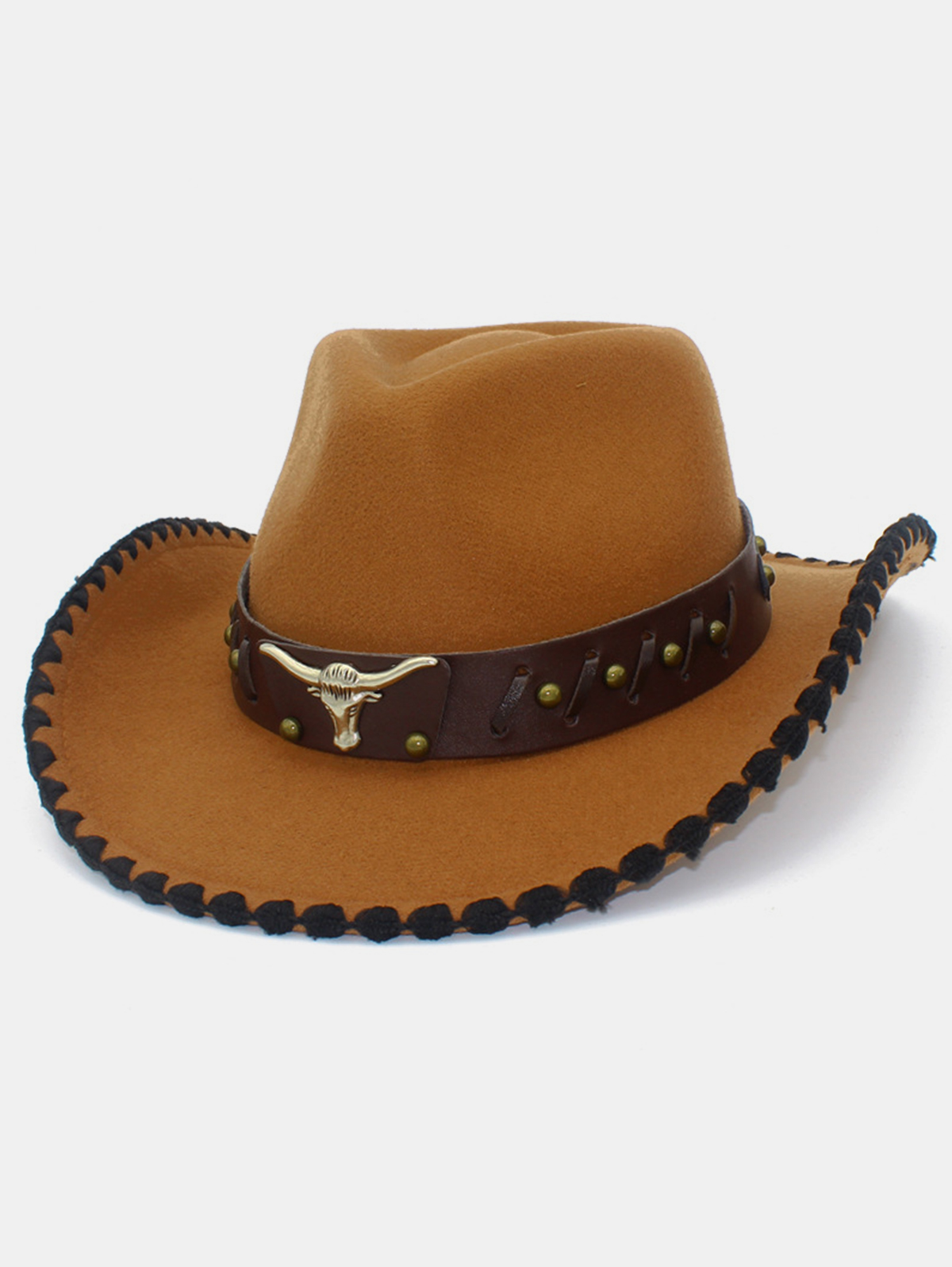 Western Metal Bull Head Belt Woolen Cowboy Hat