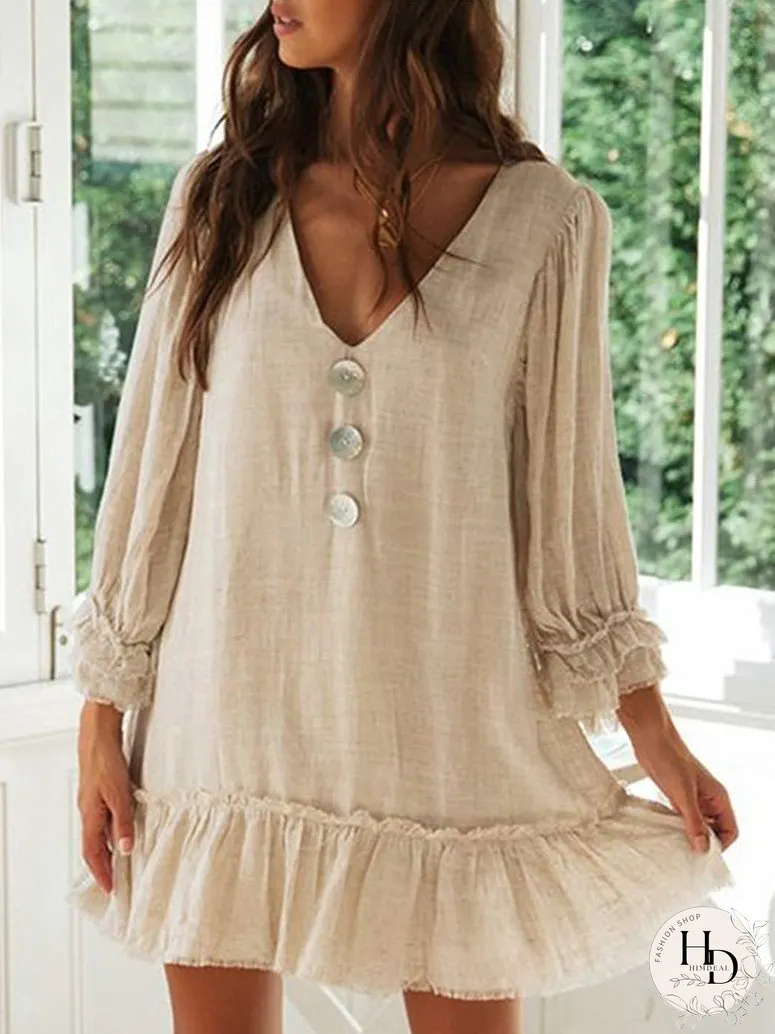 Dresses V Neck Button Long Sleeve Ruffle Dress for Women