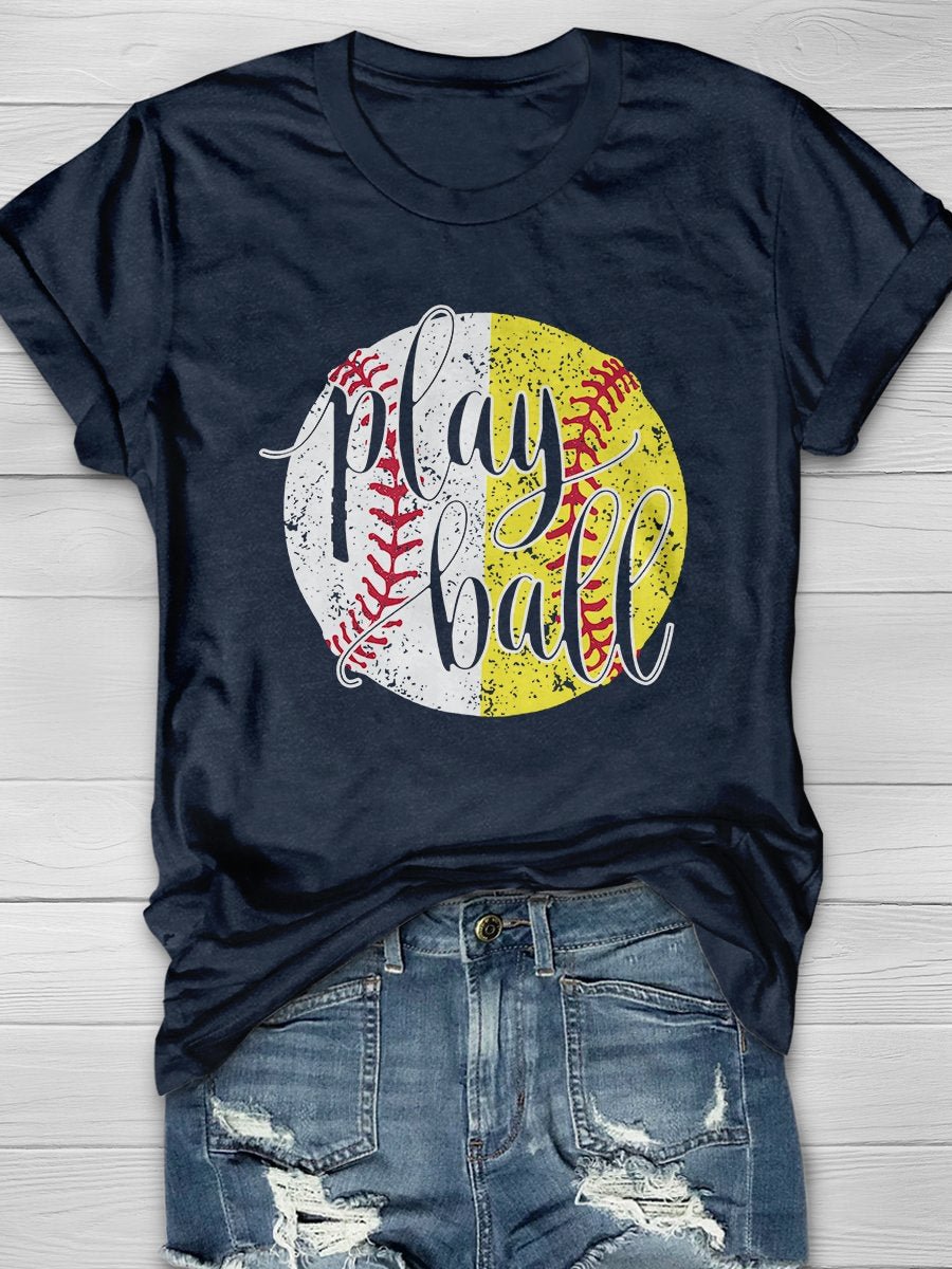 Play Ball Baseball Softball Print Short Sleeve T-shirt