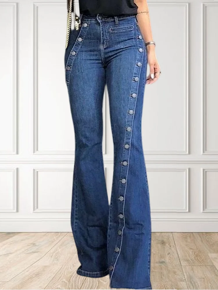 Fashion Plain Button Decor Flare Leg Long Denim Pants