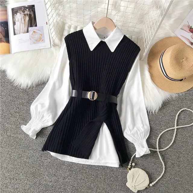 Churchf Churchf Design Sense Slit Knit Vest Shirt Foreign Style Reduced Age Two Suit Spring New White Shirt Jacket Female