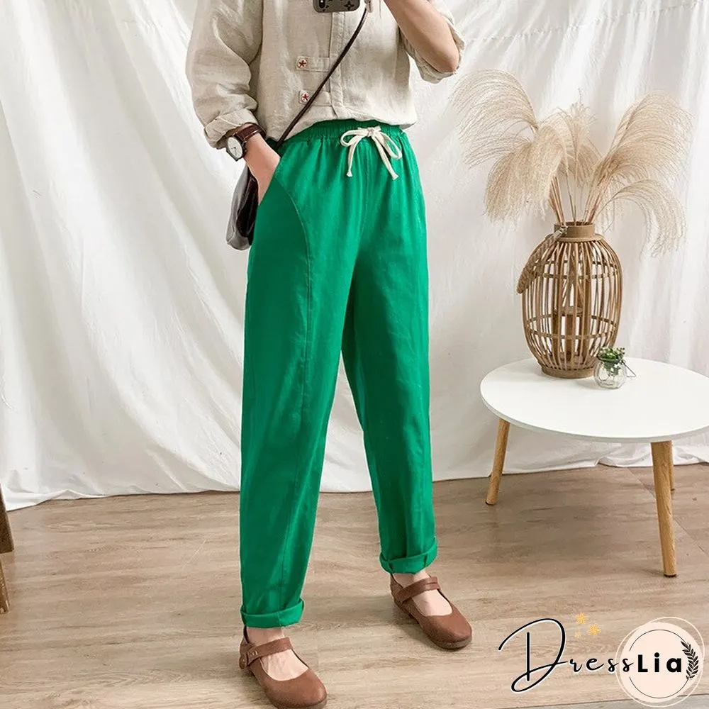 Summer Womens Pants-Cotton Linen Large Size Casual Loose Ankle-Long Capri Drawstring