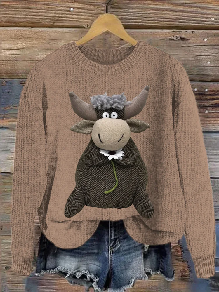 VChics Flower Muppet Cow Print Crew Neck Sweater