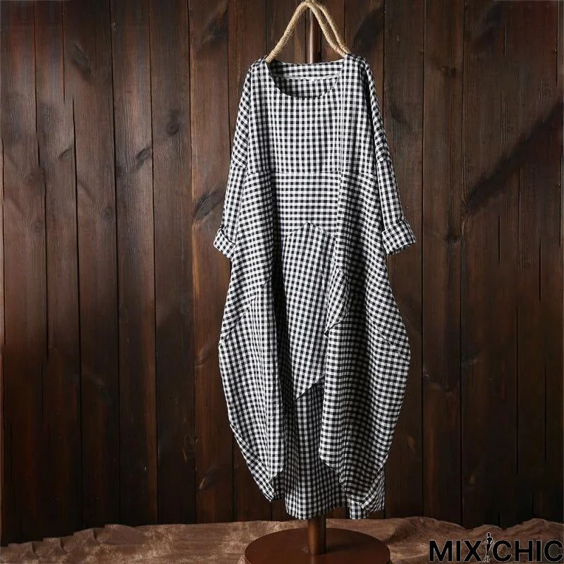 Plaid stitching long sleeve casual dress