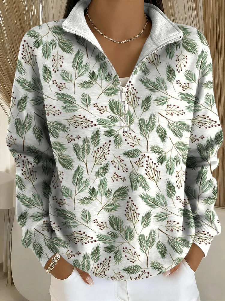 Women's Christmas Pattern Art Print Casual Long Sleeve Zip Sweatshirt