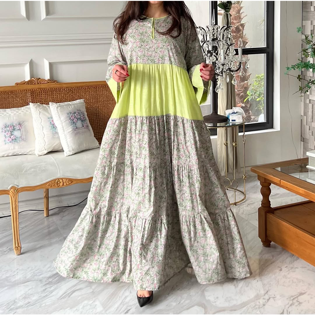 Women's Middle Eastern Vintage Mini Floral Print Patchwork Jalabiya