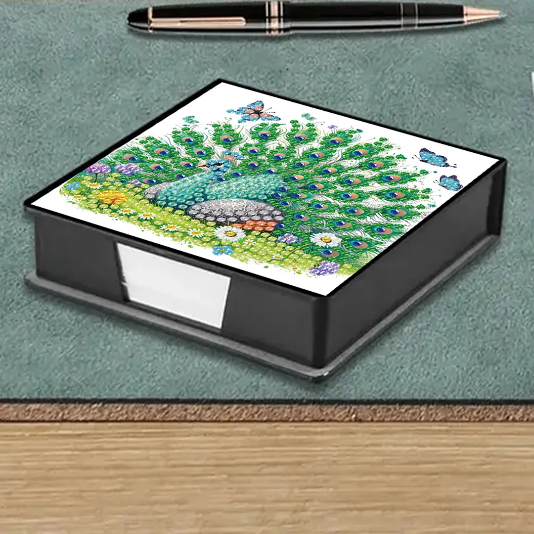 Green Peacock PU DIY 5D Diamond Painting Note Box w/160 Sheets for Office Home