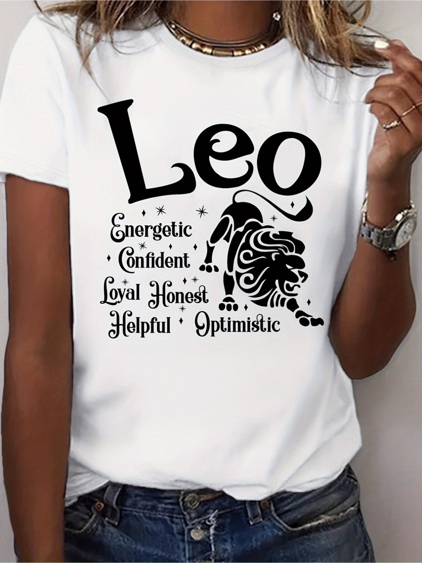 Women's Leo Zodiac Graphic T-Shirt - White Cotton Top With Bold Personality Traits Text Loyal, Honest, Helpful, Optimistic) - Loose Fit Round Neck Tee For Summer Birthdays, Everyday Outfits - Casual Leo Woman Apparel, Birthday Gift Idea | IFYHOME