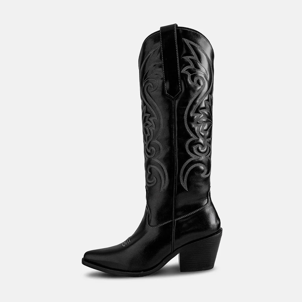 Black Vegan Leather Embroidered Heeled Wide Calf Knee High Cowgirl Boots Nicepairs