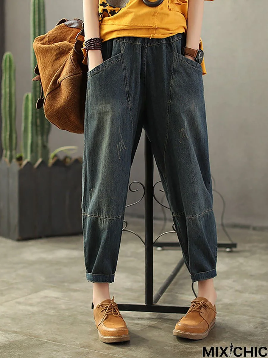 Plus Size Vintage Loose Elastic Waist Spliced Distressed Denim Jeans