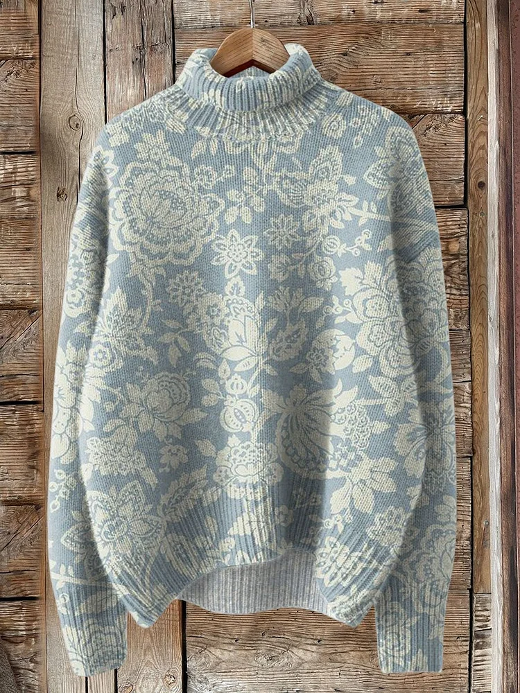 Retro Lovely Floral Art Print Knit Turtleneck Pullover Sweater