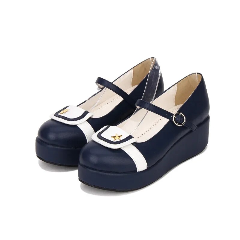 VCshoesWoman Mori Girl Lolita Cosplay Shoes Lady Mid Heels Pumps Wedges Women Princess Dress Party Navy Shoes Star 5cm