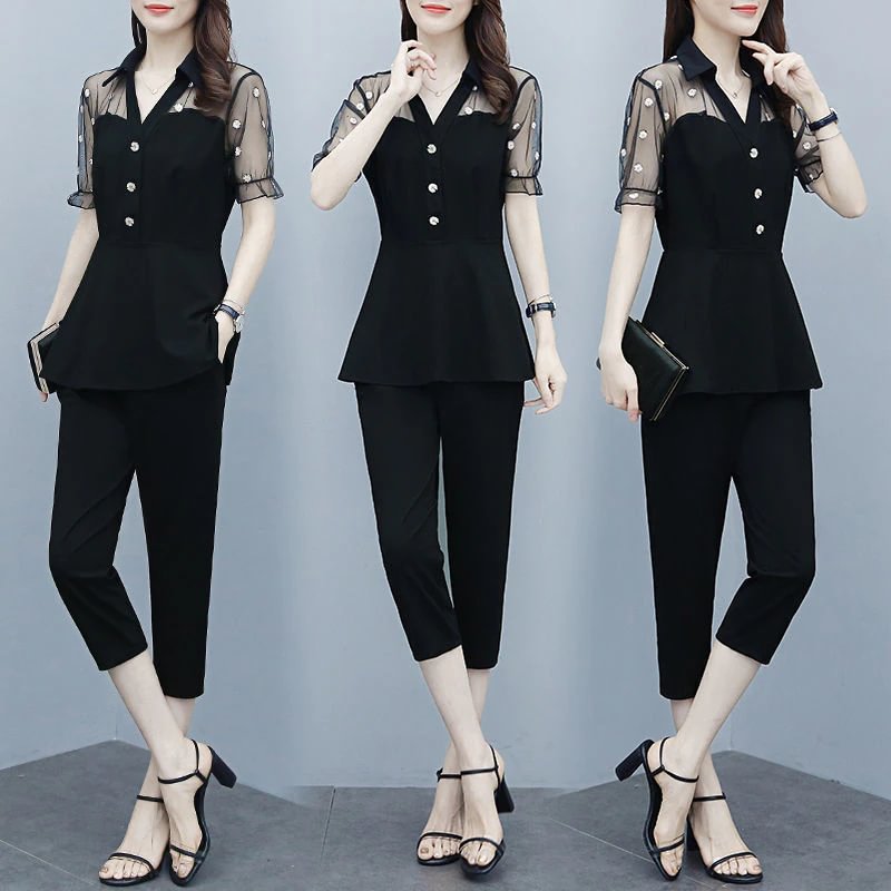 Budgetg Piece Set Women Casual Fashion V Neck Lace Patchwork Short Sleeve Tops +Wide Leg Pants 2 Piece Outfits Women Black Set 4XL 241